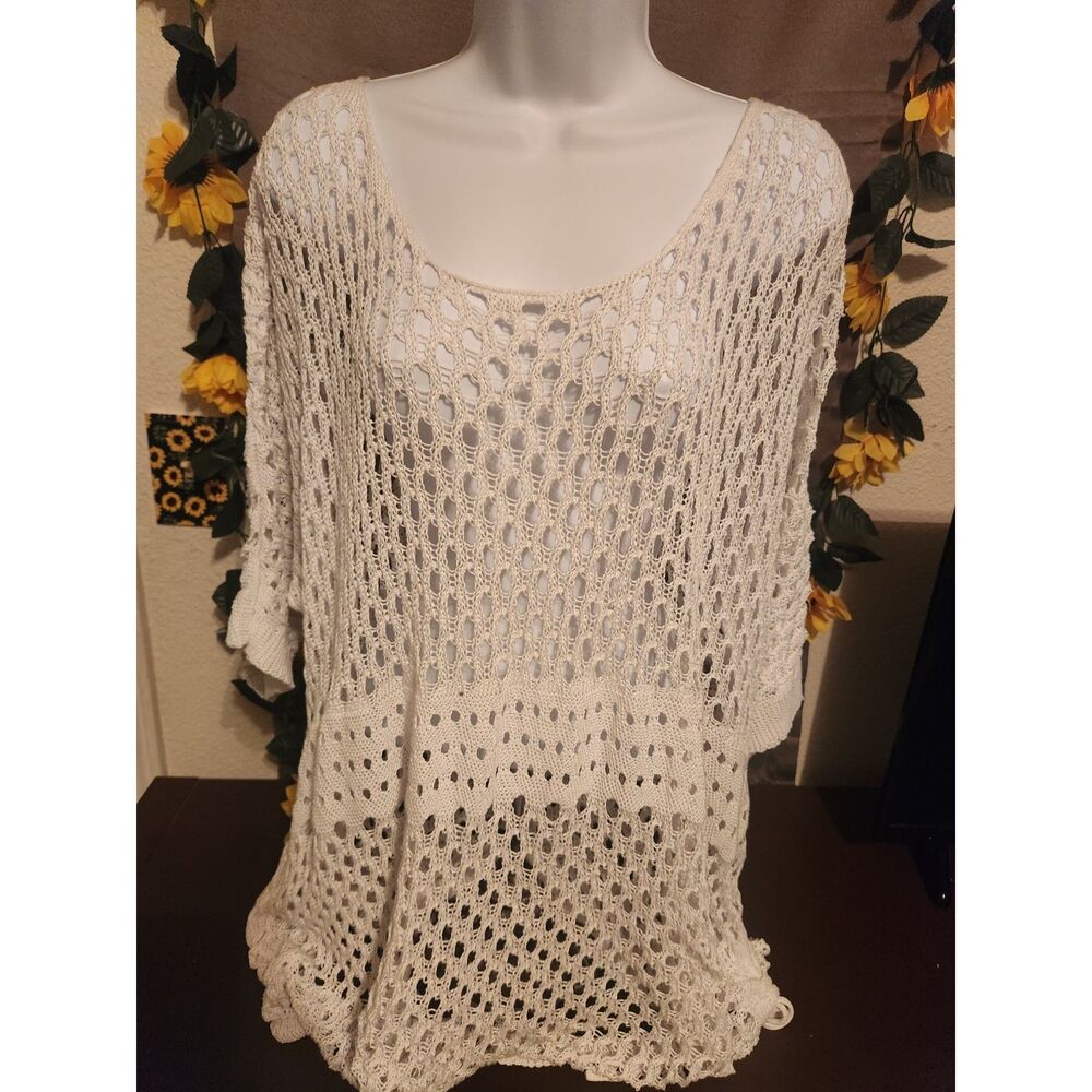 Plus Size 5XL White Open Knit Crochet Scoop Neck Dolman Sleeve Cover-Up Top